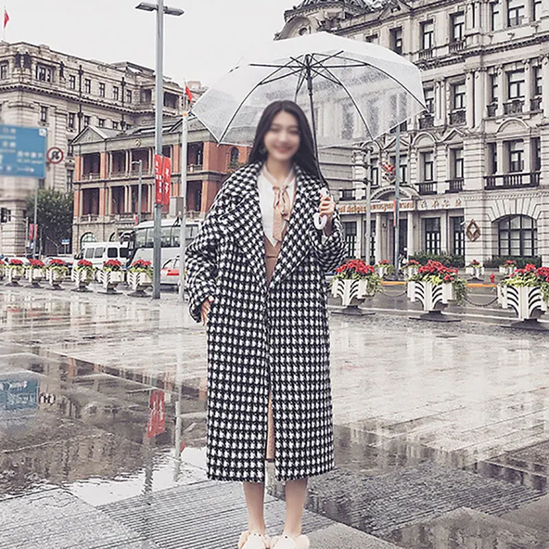 Модное Длинное плотное пальто в клетку, Женская осенне-зимняя куртка с пуговицами, эксклюзивные Клетчатые Шерстяные Пальто