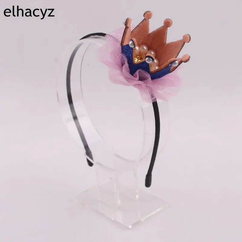 

1 PC Glitter Gold Crown Girls Hard Headband With Hot Pink Tulle Crown Lace Pearl Tiara For Princess Kid Hair Accessories