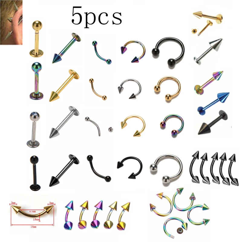 5PCS Stainless Steel Nostril Nose Ring Lip Rings Earrings Sircular Piercing Ball Horseshoe Hoop Ring Body Jewelry