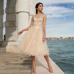 Short Tulle Prom Dress For Woman Knee Length Corset Party Gown With Sequin Lace Half Sleeves Elegant Robe De Soirée De Mariage