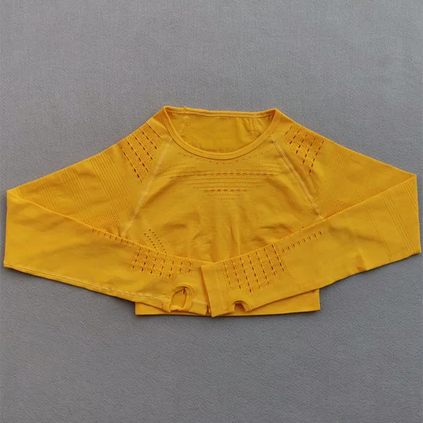 Yellow top Женский спортивный костюм из 2 предметов, бесшовные леггинсы+ укороченные рубашки, одежда для спортзала, комплект для тренировок, йоги, Женский комплект с длинным рукавом для фитнеса, спортивный костюм - Цвет: Yellow top