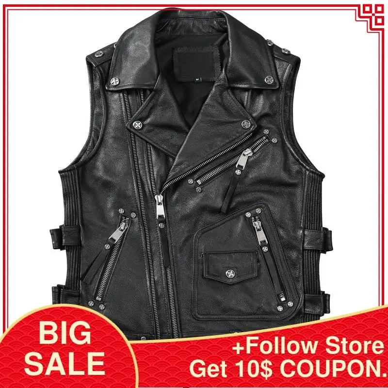 

2020 Black American Motorcycle Style Leather Vest Men Plus Size 4XL Genuine Cowhide Spring Slim Fit Short Biker's Leather Vest