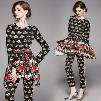 

2020 New Style Palace Printed Two-Piece Set Crew Neck Long Sleeve Lace-up Irregular Hem T-shirt Straight-leg Pants