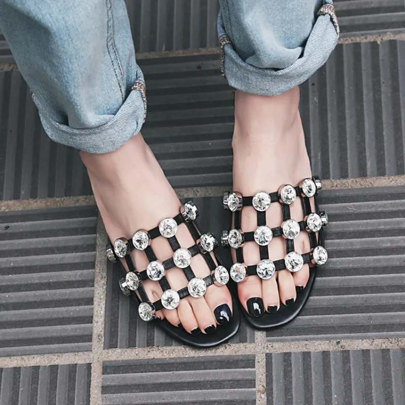 [DEAT] 2019New Spring Summer Round Toe Shallow Pu Leather Hollow Out Crystal Casual High Heels Sandals Women Fashion Tide 10B969