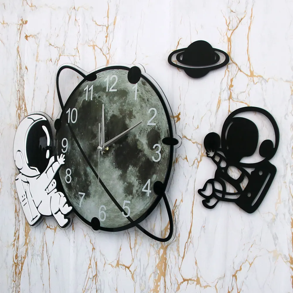 Astronaut On The Moon Cartoon Spaceman Wall Clock Silent Non Ticking Outer Space Wall Art Cosmonaut Kids Room Decorative Clock Just6F
