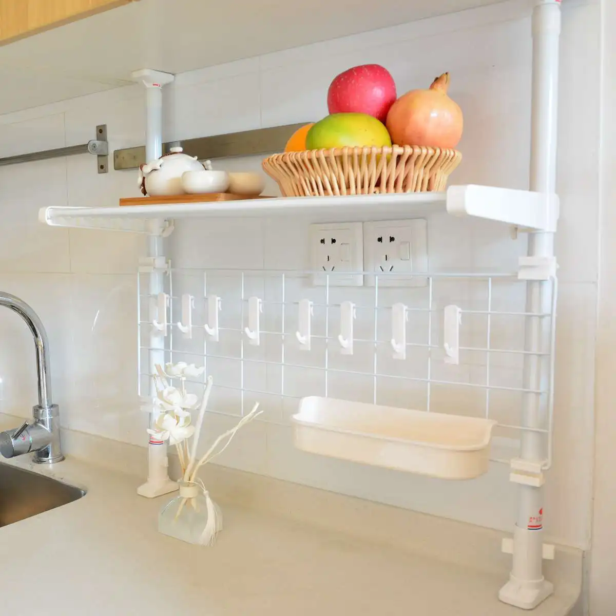 

Multi-use Kitchen Shelf Organizer Hanging Mesh with 8 Hooks Rack Dishes Drying Rack Kitchen Storage Countertop Utensils Holder