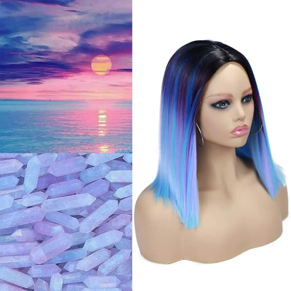 FAVE Ombre парики короткий боб синтетический парик Радуга Красочные прямые волосы средняя часть косплей Термостойкое волокно Forr черный для женщин