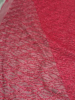 

African Tulle French Net Lace Fabric Lace for Party Dress Tulle Lace Fabric In Red with Glued Glitter Sequins