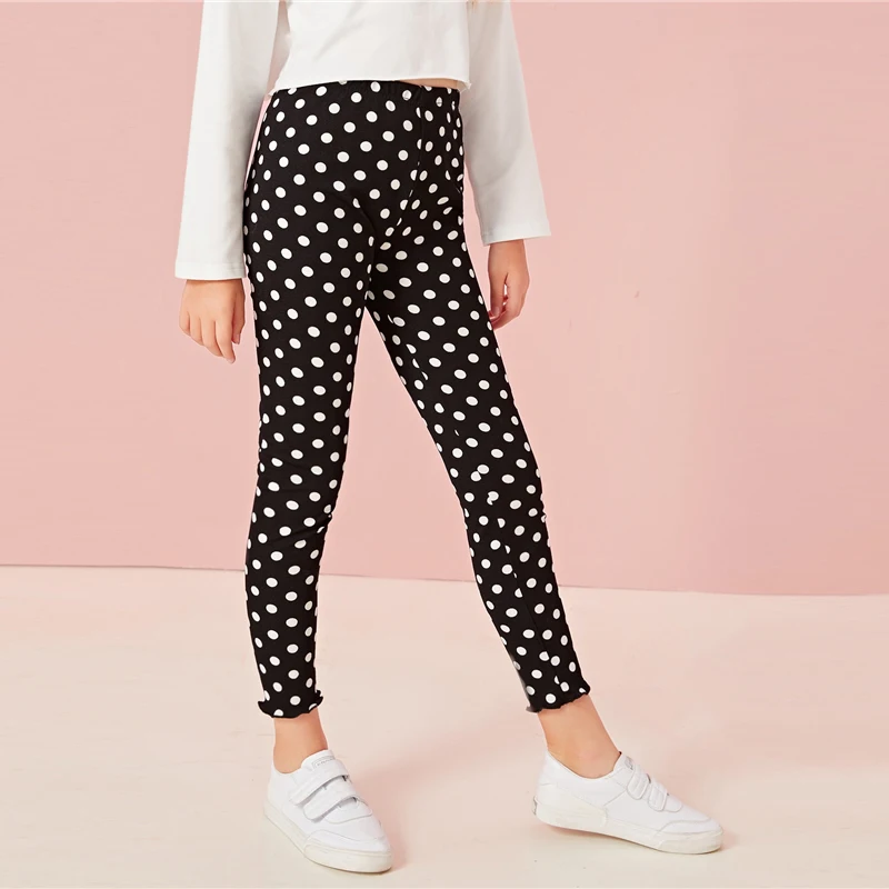 SHEIN/черные леггинсы с узором в горошек и каймой «салат»; детские штаны; коллекция года; сезон осень; повседневные узкие брюки с эластичной резинкой на талии для подростков