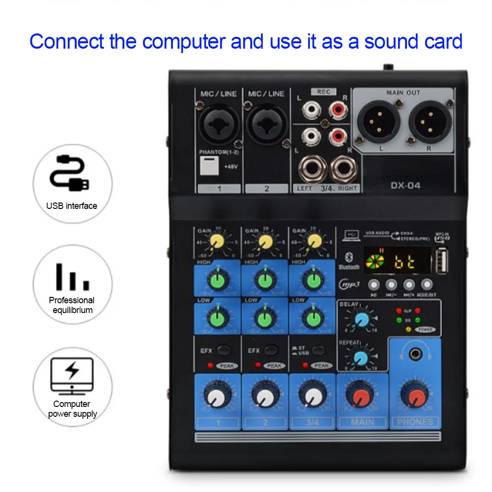 

Professional Portable KTV Karaoke Sound Card Small DJ Audio Mixer USB Stereo 4 Channel Mixing Console Home Bluetooth Record