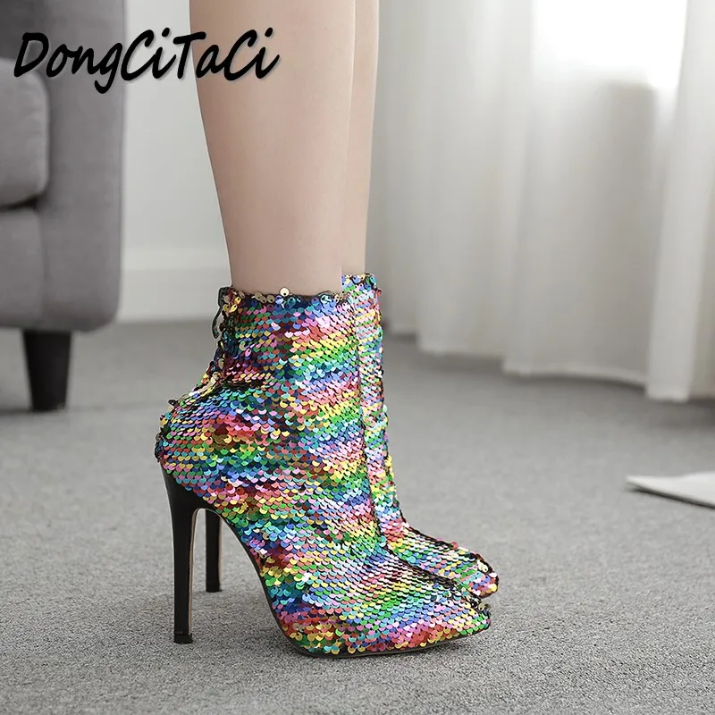 

DongCiTaCi Autumn Winter Women Ankle Boots Woman Pointed Toe High Heel Shoes Fashion Mixed Colors Bling High Heel Short Boots