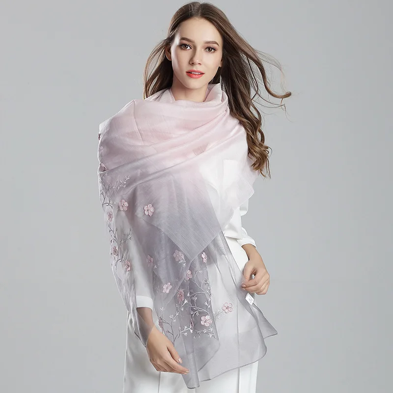 

Mulberry Silk Gauze Kerchief Real Silk Wool Scarf Shawl Women's Long Embroidered Spring Silk Scarves Versatile