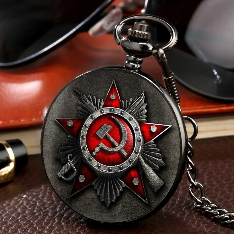 Pocket watch Retro CCCP Russia Soviet Union Russian Flag Hammer Badges Sickle Pocket Watch Hook Design USSR Necklace Chain Gift For Men Women