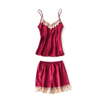

Women's Pajamas Set Sexy Satin Lace V-Neck Sleeveless Sleepwear Home Suit Top and Shorts Pijama Homewear Ensemble 2 Piece Femme