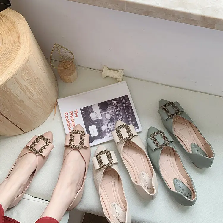 

Online Celebrity Flat Keel Thin Shoes Women's 2019 Autumn Pointed-Toe Man-made Diamond Fairy Low-Cut Slip-on Square Buckle Korea