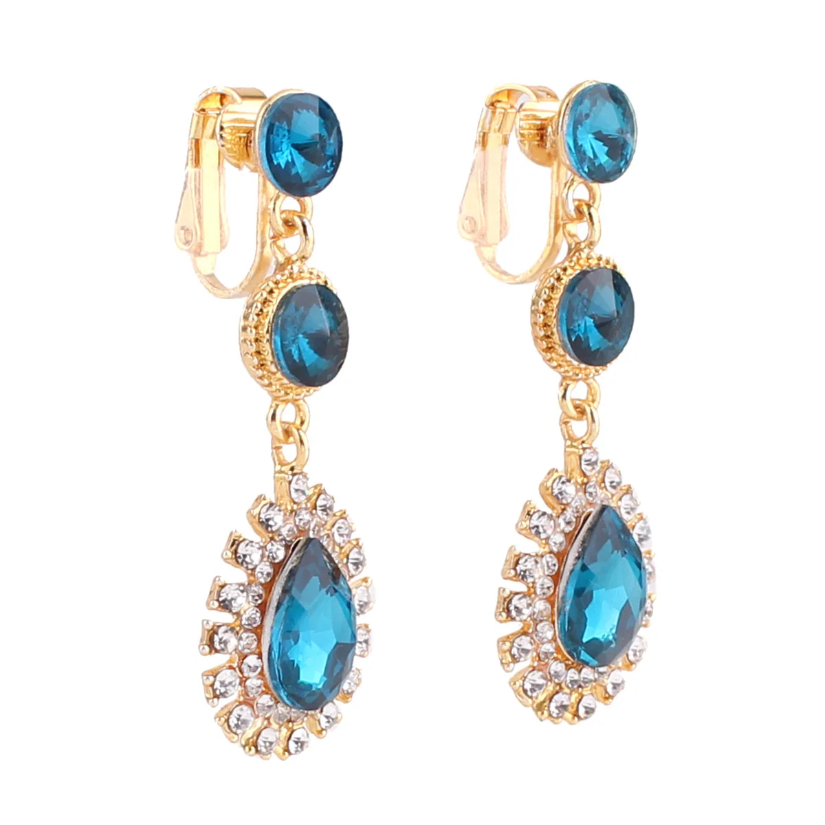 12 Colors High-grade Rhinestone Crystal Tear Drop Shape Clip on Earrings No Pierced for Women Wedding No Hole Ear Clip
