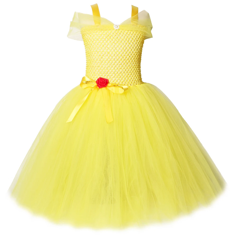 Yellow Belle Dress Girl Beauty and the Beast Inspired Princess Long Tutu for Kids Birthday Party Cosplay Costumes Children | Детская