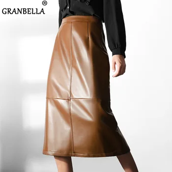 

High Quality Faux Leather Pu Long Pencil Skirts For Women High Waist Brown Ladies Office Wrap Stretch Jupe Femme Saia