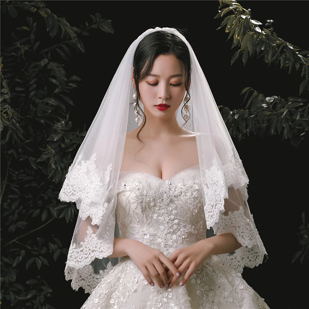 New Arrival voile de mariee White Lace white wedding veil 2021 wedding accessories Bridal veil veu de noiva long new arrival white ivory cathedral wedding veils for bride wedding accessories boda veu de noiva sexy bridal veil velo