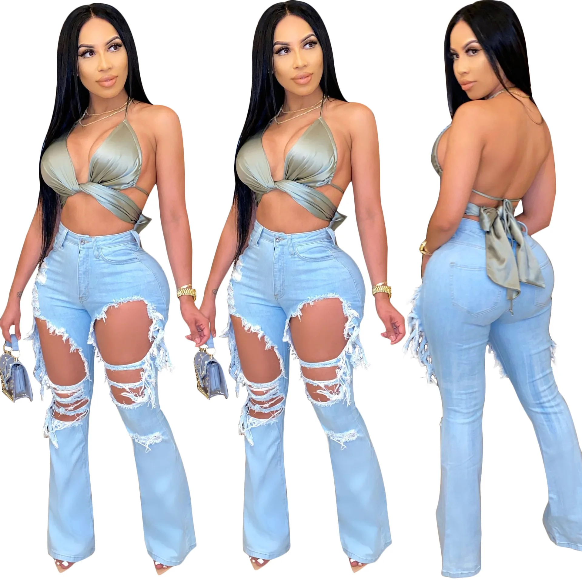 

Echoine Sexy Hollow out denim Pants Ripped Blue Flare jeans Fringe High Waist Bodycon Hole Wide Leg Women Trousers Club Outfits