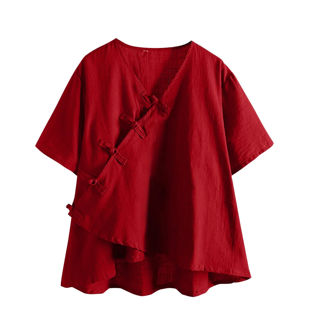 Daily Women Blouse Spring Summer Causal Popular Cotton Linen Vintage V