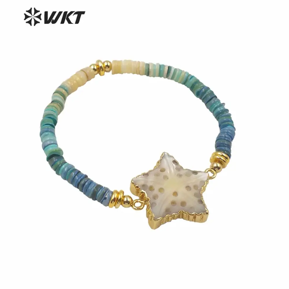 

WT-MPB007 Wholesale 5PCS Vacation Bracelet Summer Style Resin Bead Barcelet With Shell Star Charm Bracelet Gold Plated