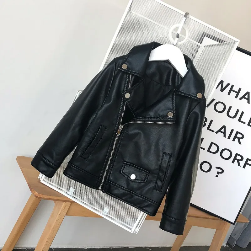 Fashion Locomotive Pu Leather Children's Jacket Boy Girls Street wear Diagonal Zipper Black leather Outwear Autumn Winter Coat
