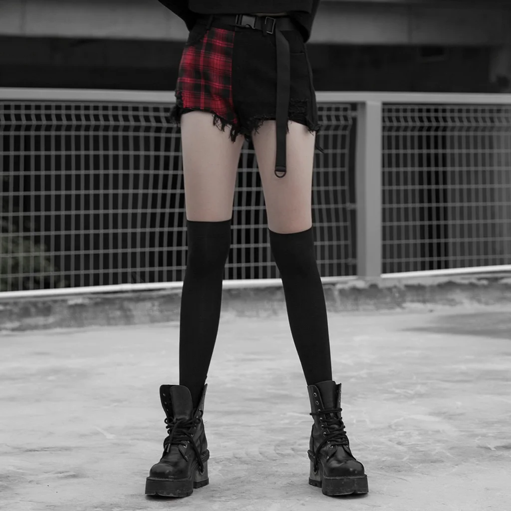 

PUNK RAVE Women Plaid Contrast Sexy Denim Shorts with Belt Worn Hem High Waist Fashion Casual Short Pants
