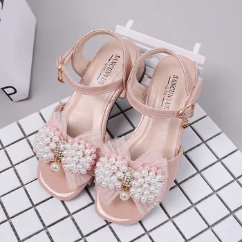 

203 Children's Shoes Girl's Sandals 2020 Summer New Pearl Bow Chunky-Heel Princess Shoes Factory Wholesale
