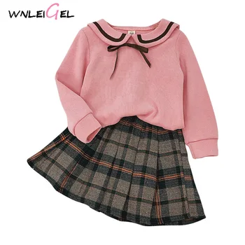 

2 pieces WLG children girls autumn clothing set kids girls cartoon sweatshirt folds waist skirt baby girls fanshion dress set