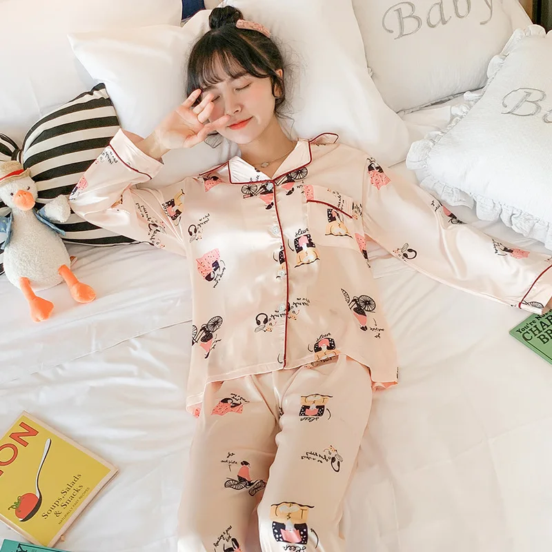 

Viscose Pajamas Women's Spring And Autumn Long Sleeve Thin Two-Piece Set Silk Cute Bicycle Students Outer Wear Tracksuit