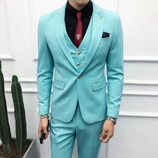 

2020 New Sky Blue 3 Pieces(Jacket+Pants+Vest) Men Suits Costumes Tuxedos Blazers Suits Peak Lapel Custom Made Best Men Grooms