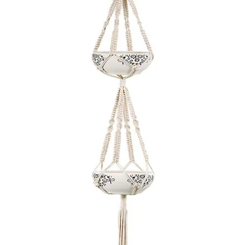 

2pcs Delicate Macrame Double Plant Hanger Indoor Outdoor Hanging Planter Wall Art Cotton Rope for Round and Square Pots (Pot Not