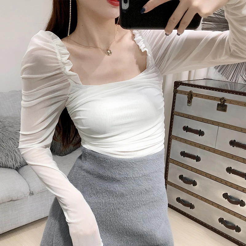 WHITNEY WANG футболка Весенняя модная уличная одежда квадратный воротник с пышными рукавами тонкая Сетчатая футболка Женские топы Футболка женские футболки