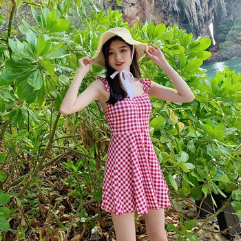 

Swim Wear Plavky Women's Beach Outings 2020 Biquine Female Swimsuits Women One Piece Dress Hot Plus Size Girls Swimsuit Plaid