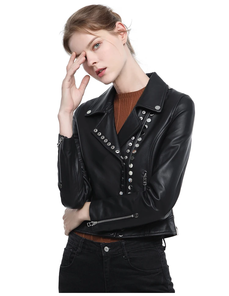 New sheep leather coat female rivet heavy locomotive leather brief paragraph cultivate morality