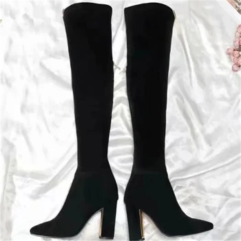 

Frosted knee boots Thick square root boots Pointed thin Genuine Leather boots fashion shoes Round toe shoes Warm Winter Shoes