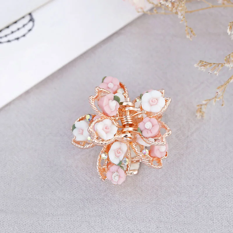 flower pink Morkopela маленькая заколка для волос с цветком Краб модная заколка для волос для девочек милые аксессуары для волос горный хрусталь заколки для волос - Окраска металла: flower pink