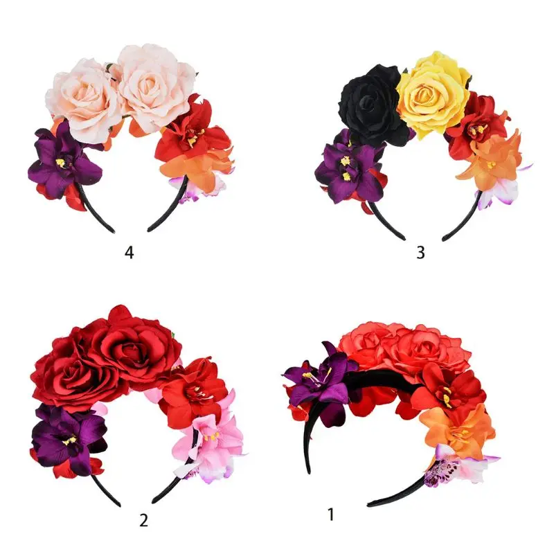large hair clip Womens Mexican Simulated Rose Flower Crown Headband Day of The Dead Halloween Headpiece Colorful Fake Stamen Party Hair Hoop best hair clips