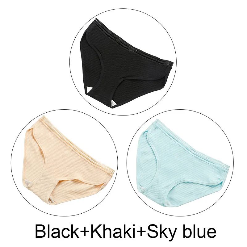 3 шт./партия, M-4XL, женские хлопковые трусы в полоску, мужские трусы, сексуальное нижнее белье, нижнее белье, дышащие трусики для женщин, большие размеры - Цвет: Black Khaki Skyblue