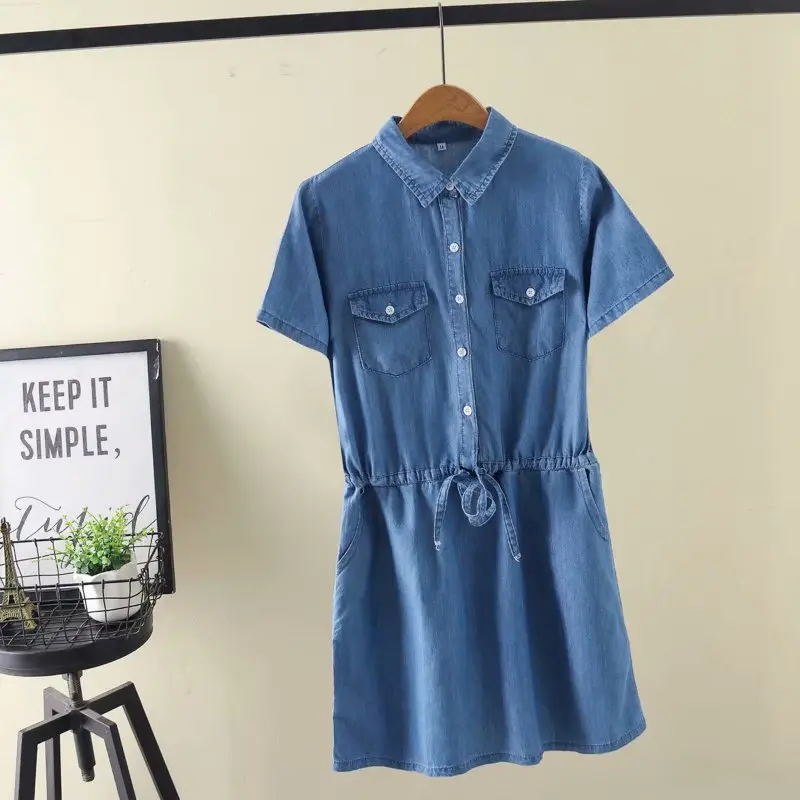

2019 Summer New Style Retro Versatile Solid Color Retro Waist Hugging Slimming Fold-down Collar Short Sleeve Denim Skirt Long Sk