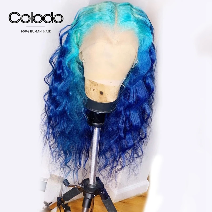 Колодо бразильские волосы Remy 13x4, фронтальные парики на шнурке, цвет Омбре, волна воды, голубые человеческие волосы, парик предварительно выщипанные 150, розовые парики на шнурке для женщин