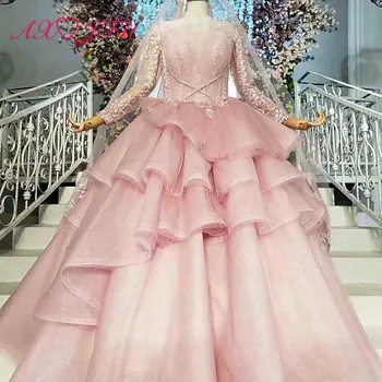 

AXJFU luxury princess beading crystal embroidery pink lace o neck long sleeve illusion ruffles bride wedding dress 99052