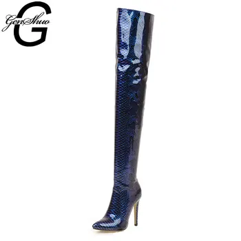 

GENSHUO Snake Print Patent Leather Women's Shoes 11.5CM Stiletto Heels Pumps Botas Mujer High Heels Pointed Toe Serpentine Boots