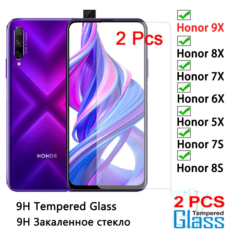 цена 2 Piece HD Hard Tempered Glass for Huawei Honor 9X Pro 7X 6X 5X 8S 7S Screen Protector Film 9H Protective Glass for Honor 9X Pro