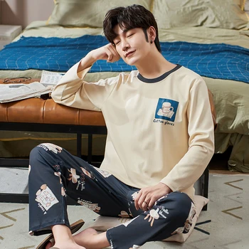 

XIOZU Men's Pajamas Set Winter Cotton Long Sleeve Trousers Set Korean Version of Loose Summer Home Service Men Sleepwear Set