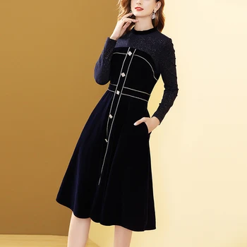 

Gedivoen 2020 Autumn Fashion Designer Knee-Length Dress Women Long Sleeve Sequined Black Party Dress Elegant Streetwear Dresses