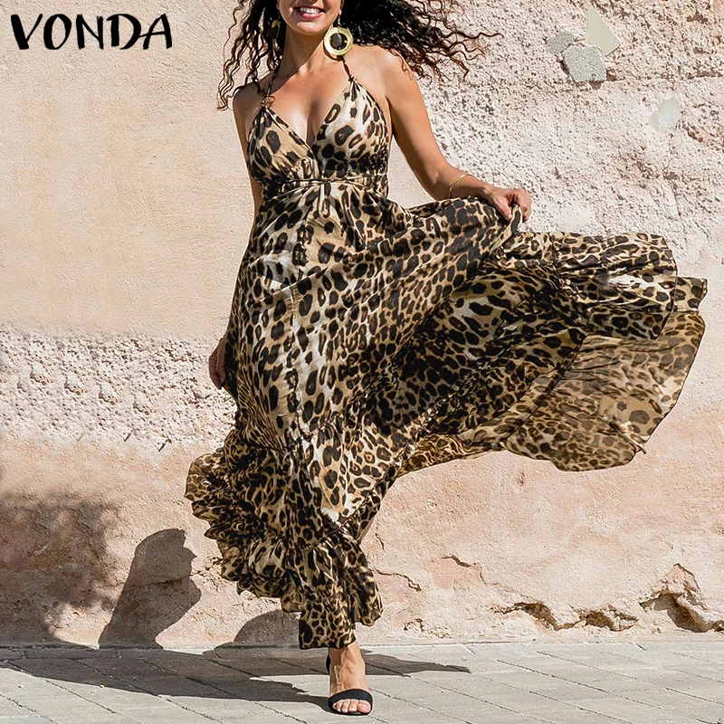 

VONDA Women Sexy Leopard Dress 2019 Summer Spaghetti Strap Ruffle Swings Maxi Long Dress Plus Size Sleeveless Party Vestidos 5XL