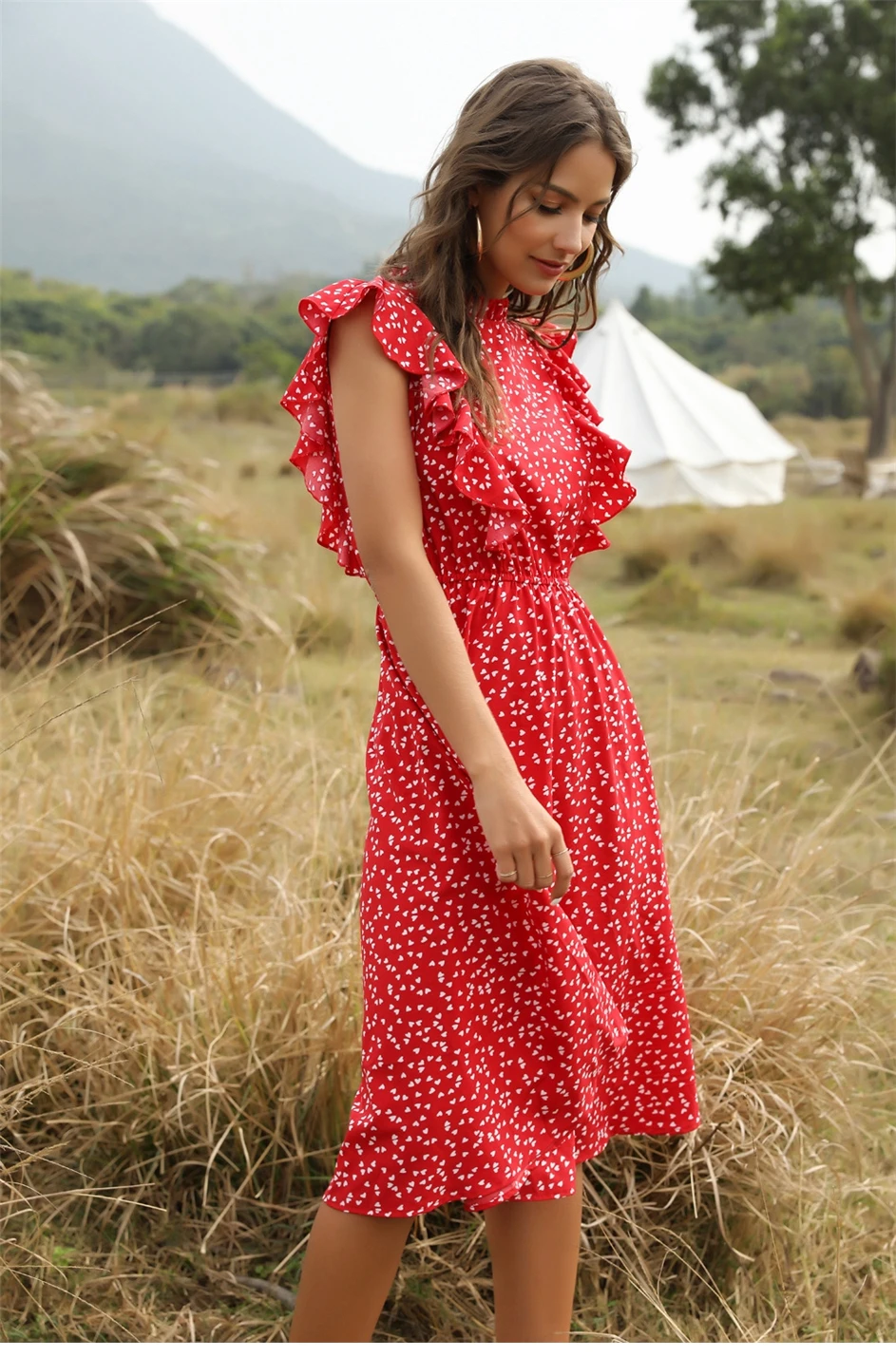 2020 New Summer Dot Print Dress Women Casual Butterfly Sleeve Ruffles Medium Long Chiffon Dress