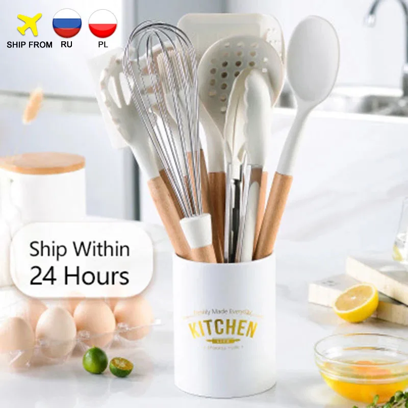 

11PCS Silicone Kitchen Cookware High Temperature Resistant Non-Stick Wooden Handle Silicone Spatula Baking Tool With Storage Box